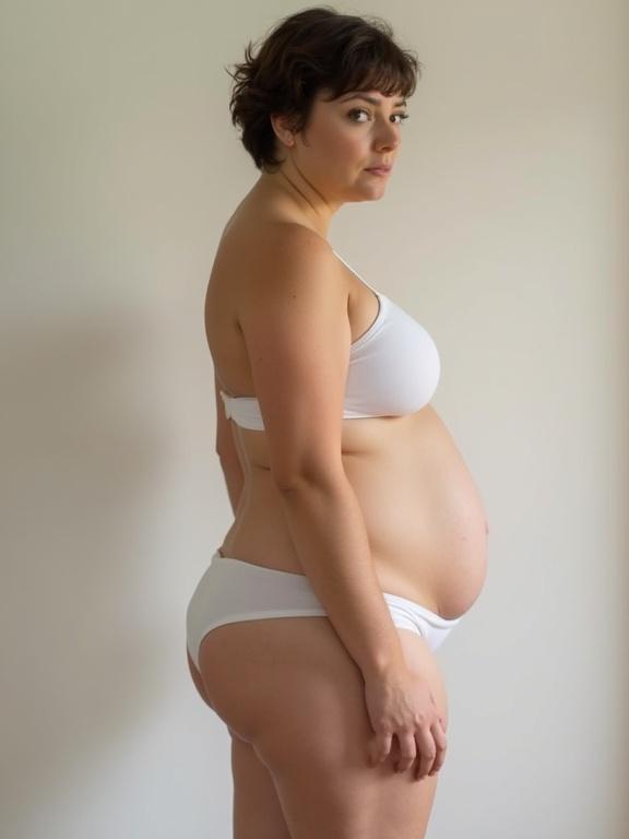 A woman posing in her underwear. She has a plump figure and wide hips. Short hair is styled. Image captures her in a side view. She looks at the viewer directly.