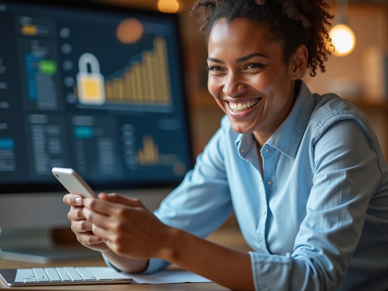 A smiling woman is confidently using her smartphone, indicating a secure and positive purchasing decision. The background features a professional digital interface showcasing data and security elements. The atmosphere is warm and inviting, portraying a sense of trust and satisfaction. The lighting enhances her joyful expression, making it clear she is pleased with her actions. This scene represents the merging of modern technology with personal finance choices effectively.