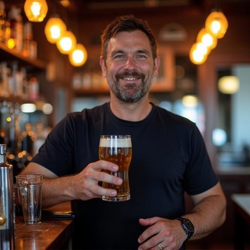 A former ice hockey player stands behind a bar in a pub. He is drawing a beer into a glass. The setting is warm and inviting.