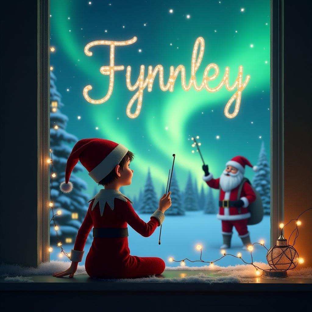 In this enchanting Christmas scene, an elf on the shelf sits by a window, facing away from the viewer. With a wand in hand, he is writing the name 'Fynnley' in the night sky against a backdrop of magical northern lights. Outside the window, Santa Claus is visible, adding to the holiday spirit. The setting is cozy, illuminated by soft lights and surrounded by snow-covered trees. This image captures the joy and magic of Christmas from a child's perspective.