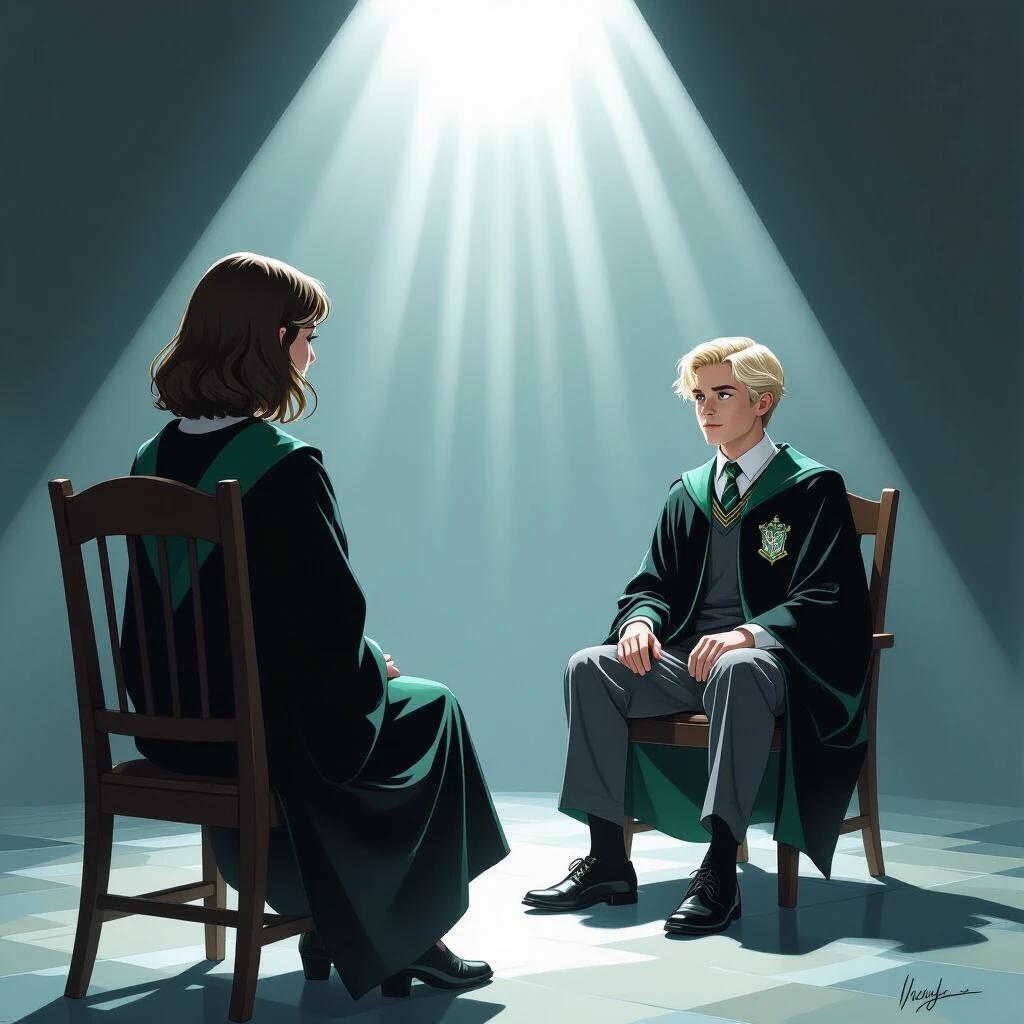 Dramatic scene featuring two young characters in Slytherin uniforms. Character in front has brown shoulder-length hair. Character in back has pale tousled blonde hair. Both are illuminated by a sharp beam of light from above. Dark background enhances mood and tension.