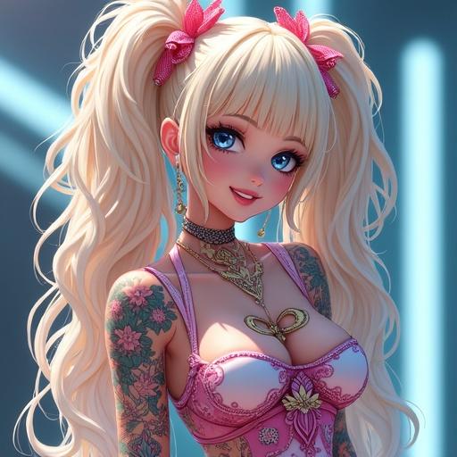 Anime style illustration of a woman with frosted blue eyes and large blonde curly pigtails. She has beautiful features and is wearing a modern edgy feathered dress for a music award. Tattoos depicting traditional Japanese art on her skin. Grinning with a fitted music award in her hand. Semi futuristic setup with luxurious stage elements in the background. Summer scene with makeup details featuring pink lipstick and white eyeshadow. Muscular arms and large breasts complement her figure.