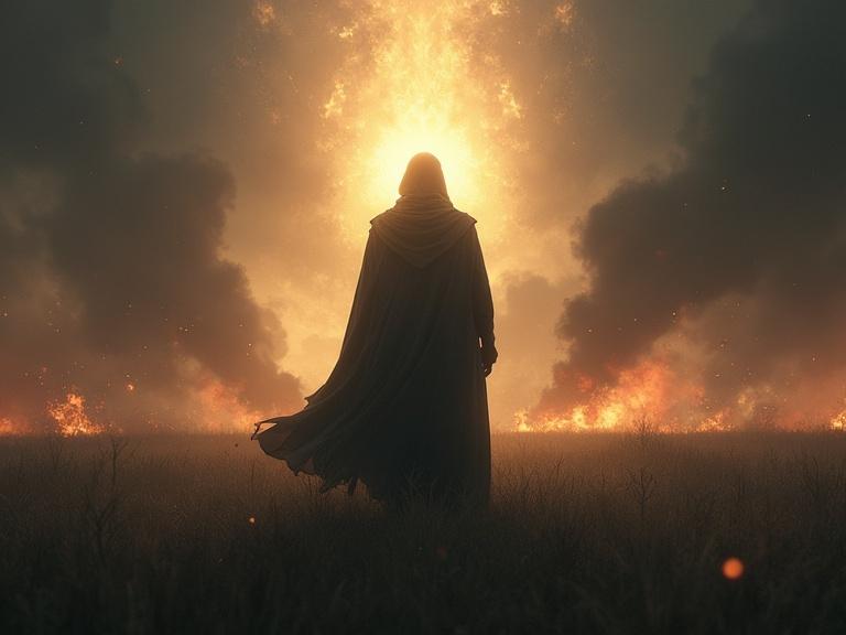 Enoch standing calmly amid a chaotic battlefield. Glowing aura surrounds him. Realistic style features dark and light contrast. Scene showcases the chaos of war with fire and smoke in the background. The aspect ratio is 9:16.
