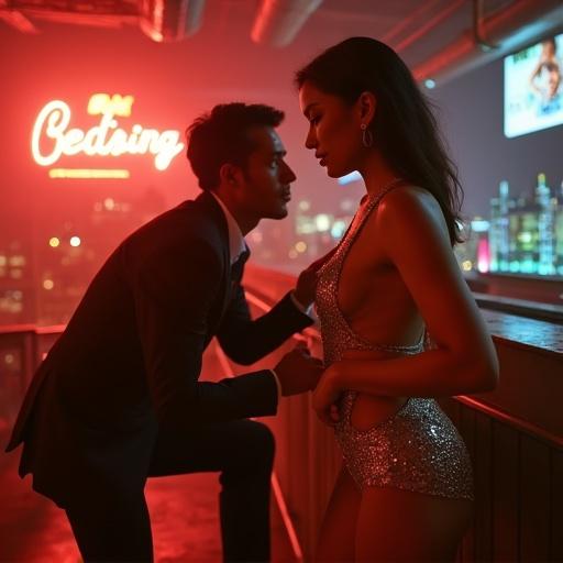 A rooftop terrace in Bangkok showcases a dramatic scene. A Korean ladyboy dancer stands in a shimmering sequined leotard. The space is filled with soft amber light and neon hues. She interacts with a man in a tailored suit, a tension-filled moment unfolds. The atmosphere is charged with desire and rivalry. A bartender’s shadow adds depth to the scene. Details of the dancer’s movements and expressions enhance the intrigue.
