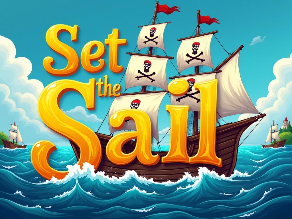 Vibrant illustration features pirate ship with white sails and Jolly Rogers set against ocean. Large bold text 'Set the Sail' in golden-yellow tones. Creates adventurous whimsical feel reminiscent of pirate tales.