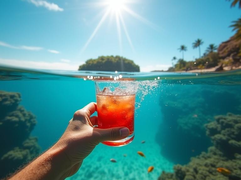 Creative split-level underwater shot. Hand holding a glass cocktail above water. Tropical island in distance. Colorful corals and fish underwater. Sunlight beams penetrating water. Dynamic and vibrant summer scene.