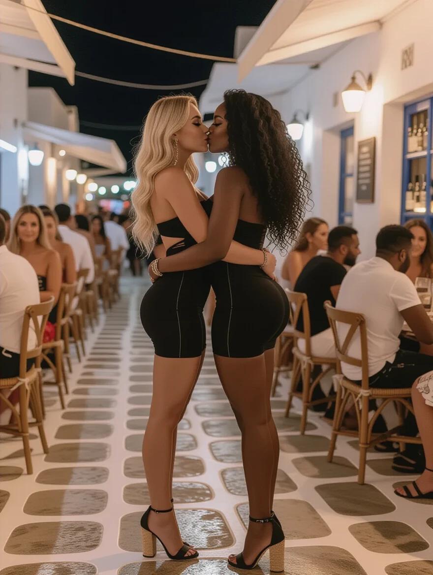 Two slim women stand closely together at a vibrant night bar. They are in black form-fitting bandage dresses and ankle strap heels. One has blonde hair and lighter skin; the other has curly black hair and darker skin. Their legs are long, and they appear ready for a kiss in a lively bar scene.