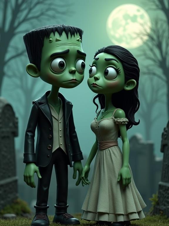 3D animated characters of Frankenstein and the Bride of Frankenstein in a graveyard. Green skin and oversized eyes. Misty background with crooked headstones and moonlight. Dreamlike style.