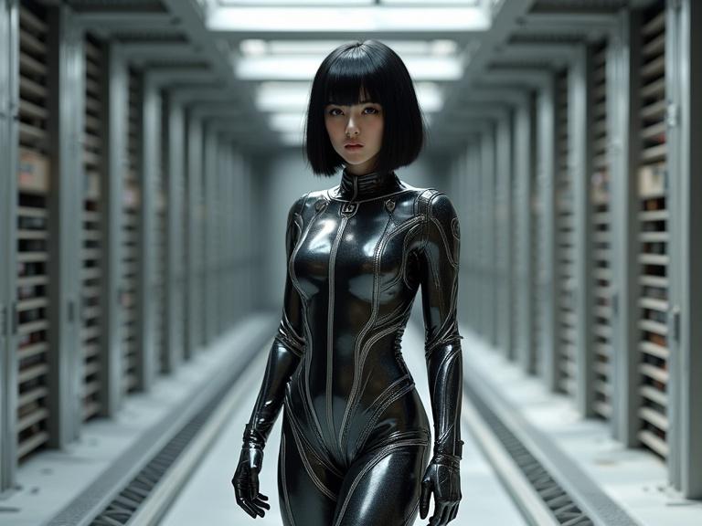 Image of a short female with sleek black bob hair wearing a metallic sci-fi exosuit in a dark grey metal room with spotlights and crates.