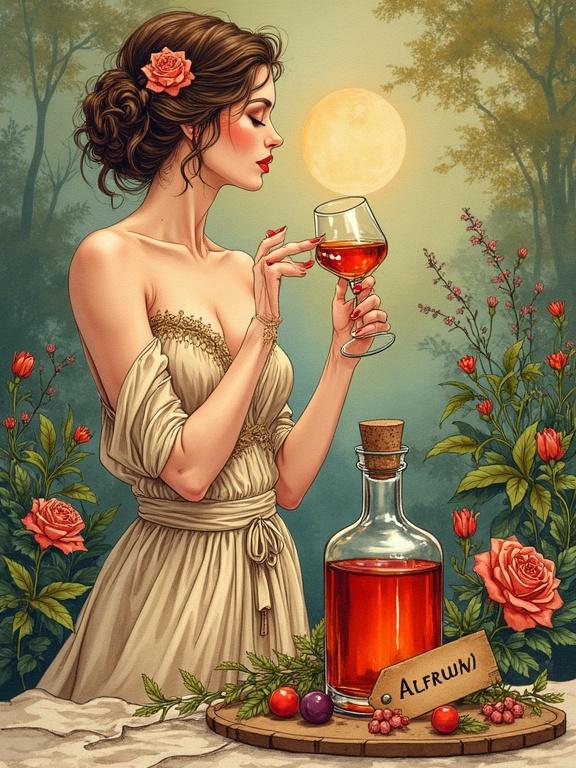 Stylized advertisement illustration featuring a woman toasting with a glass of liqueur. Woman has a voluptuous figure with hair in a bun and flower decoration. She wears a silky boho blouse and a wrap-skirt. Surrounding her are wildflowers and herbs with an apothecary-style bottle labeled 'ALFRUNO'. Liqueur is reddish and shimmering. The setting is peaceful with earthy tones and golden glow, creating a whimsical atmosphere.