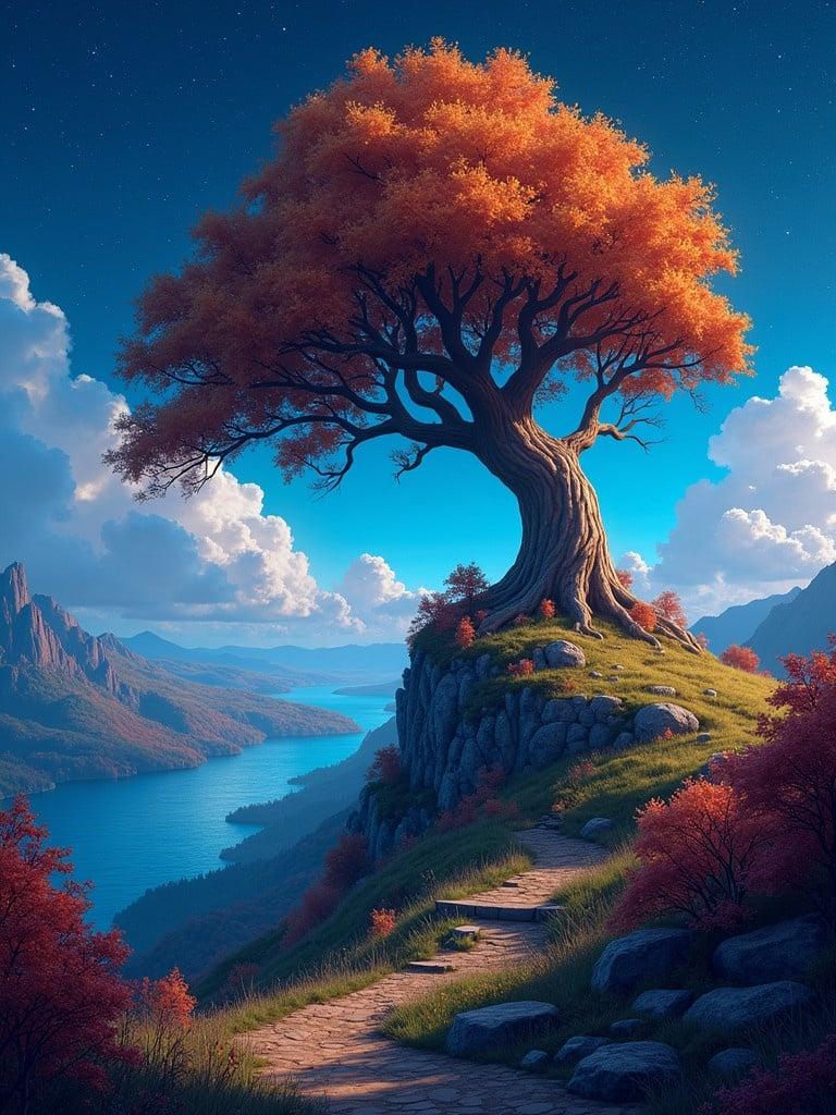 A large cartoon tree stands on a hill. A fantasy forest is below. A serene lake is in the distance. The scene has a magical nighttime glow. Vivid autumn colors fill the landscape. The sky has twinkling stars. The atmosphere feels enchanting. The style is hyper-realistic and reminiscent of Disney Pixar.