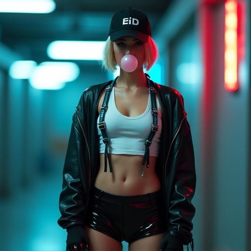 Photo captures a young woman with a slender athletic build in a futuristic urban setting. She has light skin and short blonde hair blowing a bubblegum bubble. Wearing a black cap with 'EID,' a white crop top, and a black leather jacket with neon blue braces. Black shiny shorts and pantyhose are her outfit. A dark industrial corridor with neon lights and blurred signage is in the background. Artificial lighting creates a cyberpunk vibe. A medium close-up shot slightly low-angle focuses on her upper body with shallow depth of field. The dynamic image showcases high aesthetic quality with sharp details and realistic textures.