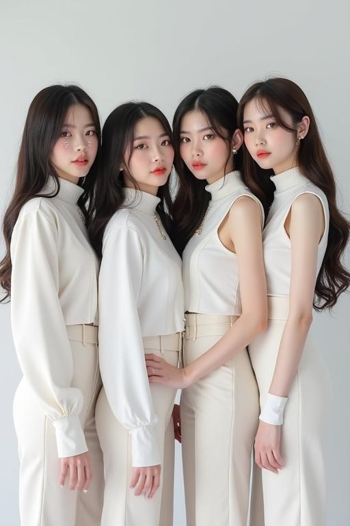 Four Kpop girl idols posing for a debut photoshoot. Outfits are Y2K style and predominantly white. Close together, vibrant expression.