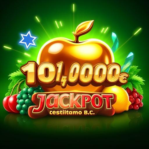Promotional poster for Volcano bet featuring a shiny gold apple and vibrant casino elements. Includes jackpot text in Spanish indicating €101,000. Playful design with fruit icons and neon accents. No people present. Inviting and energetic atmosphere emphasizing fortune and winning.