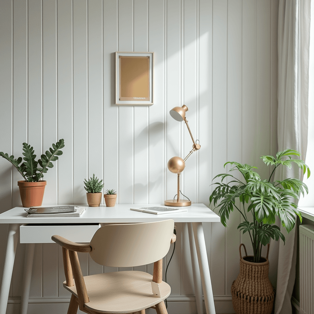 A minimalist home office setup with a white desk, green plants, and a gold lamp.