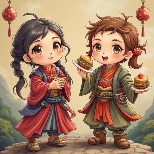 Two cute children in traditional clothing holding plates of food. They are smiling, one has braided hair and the other has flowing hair. Background shows nature and lanterns.