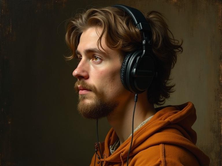 Painting of person wearing headphones in Rembrandt style. Profile view. Soft dramatic lighting.