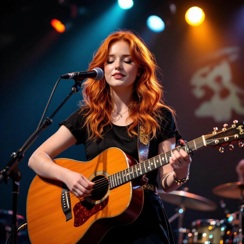 Red-haired girl playing guitar on stage. The camera is positioned far away. Live music setting.