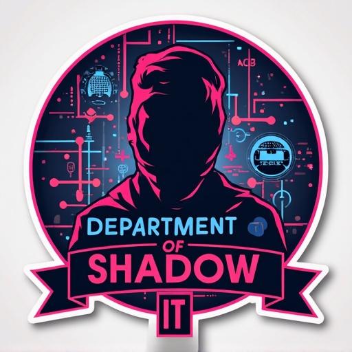 Colorful vector sticker illustration featuring a Department of Shadow IT theme. Includes a stylized figure in silhouette against a tech background with circuits and symbolic elements.