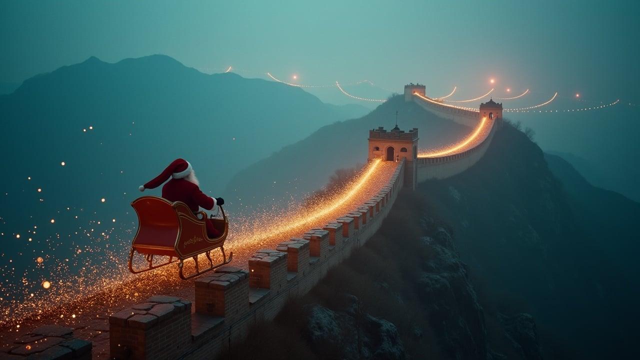 Aerial view of Santa flying on a sleigh over The Great Wall of China at sunset. A magical atmosphere with sparkling trails and an ultrarealistic style.