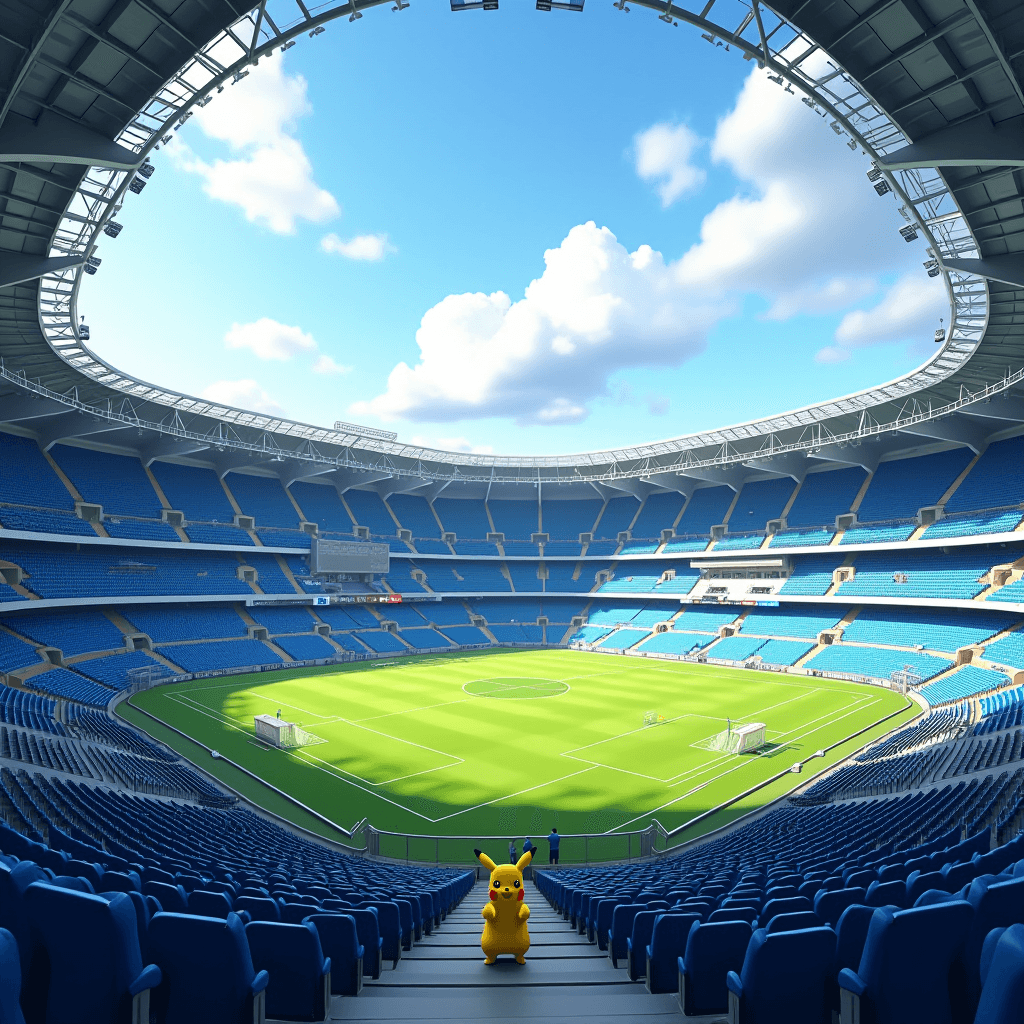 A large empty stadium with blue seats and a bright green field, featuring Pikachu standing in the aisle.