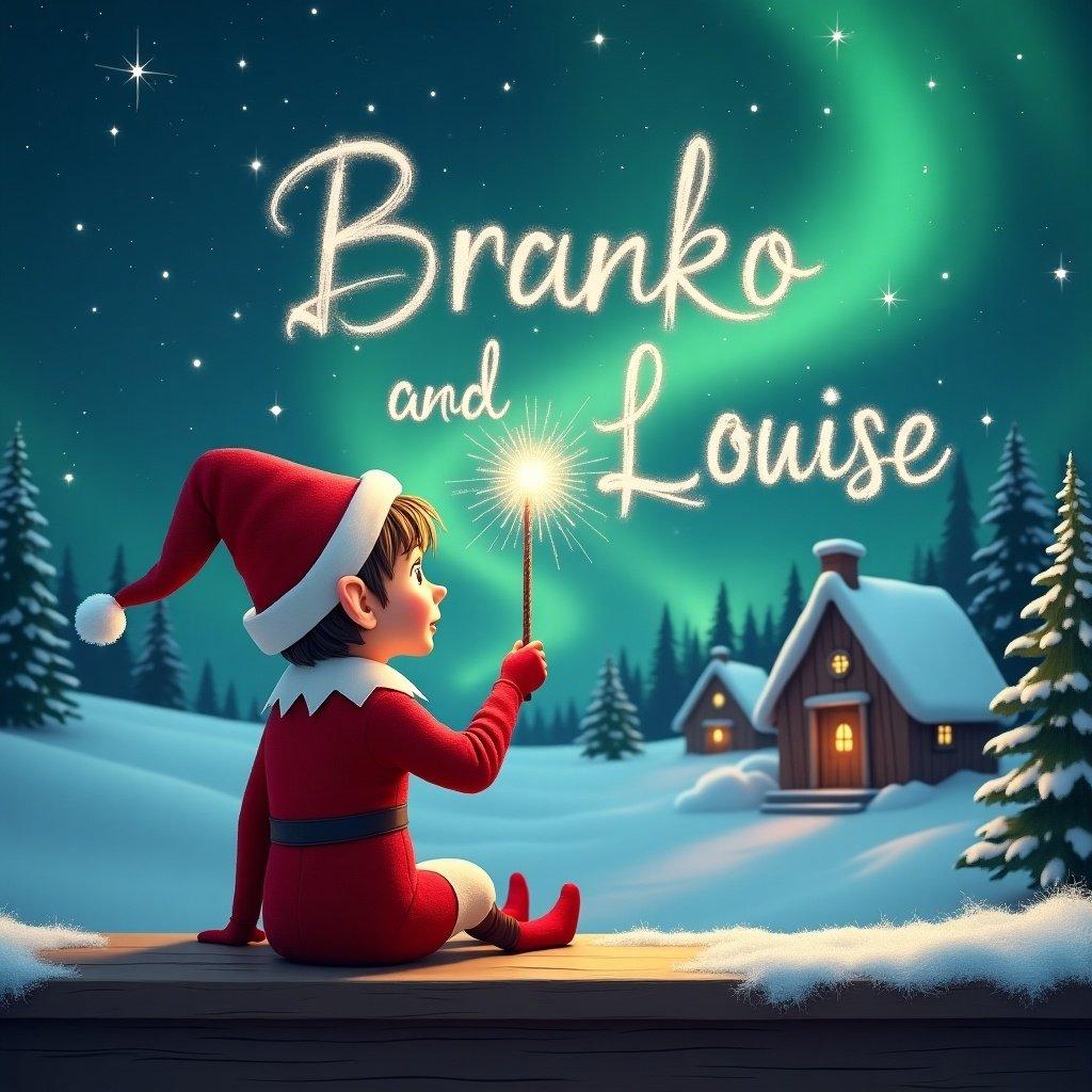 An elf in a red outfit sits on a ledge. Elf holds a sparkling wand. Names 'Branko' and 'Louise' are written in the sky. Background features snowy landscape with houses and evergreen trees. Scene captures childhood magic and Christmas cheer.