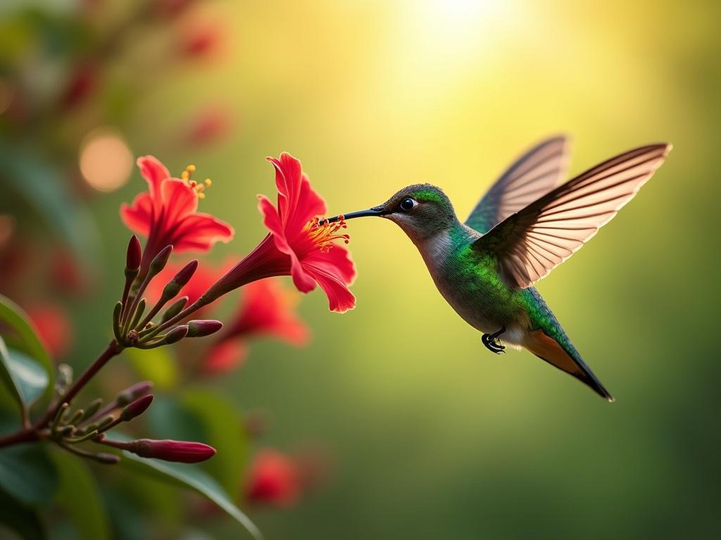 The image shows a beautiful hummingbird in flight. It is hovering near a vibrant red flower, poised to take in nectar. The hummingbird has iridescent green feathers that shimmer in the light. The background is a soft blend of greens and hints of red, creating a natural and tranquil setting. Sunlight filters through, illuminating the scene and highlighting the delicate details of both the bird and the flower.