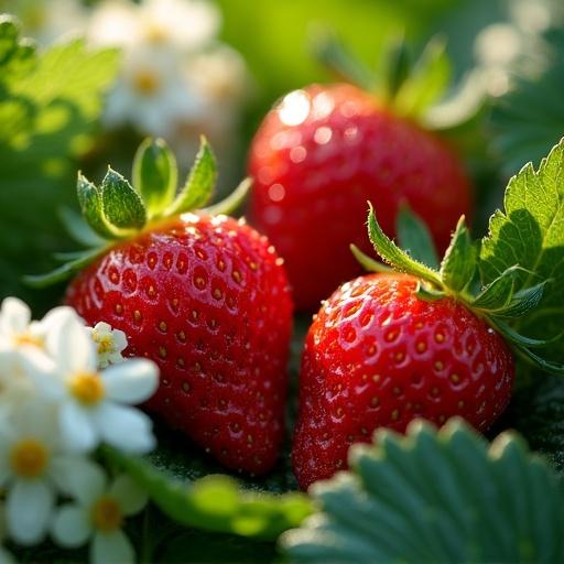 Photorealistic close-up of strawberries with complex textures. Glistening with dewdrops. Nestled among vibrant green leaves. Softly dappled sunlight filters through. Illuminating the berries and casting delicate shadows. Tiny seeds reflecting light creating a jewel-like effect. Nearby, a cluster of pure white flowers adds contrast and freshness. Overall harmony achieved through balanced composition and vibrant colors.