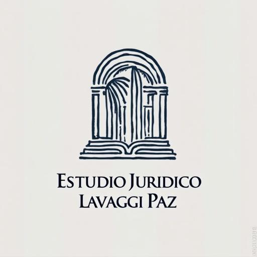 Logo design for Estudio Juridico Lavaggi Paz. Features an arch with vertical lines. Includes a book at the base. Minimalist style with blue and white colors. Professional appearance suitable for legal services.