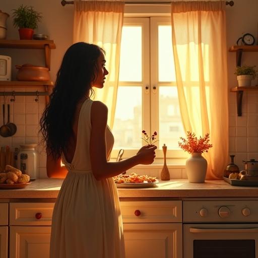 An Egyptian woman stands in a modern kitchen. She looks confused about what to cook for breakfast. Morning light shines through the window. The environment is warm and vivid. The kitchen is decorated with contemporary elements and has breakfast items on the counter.