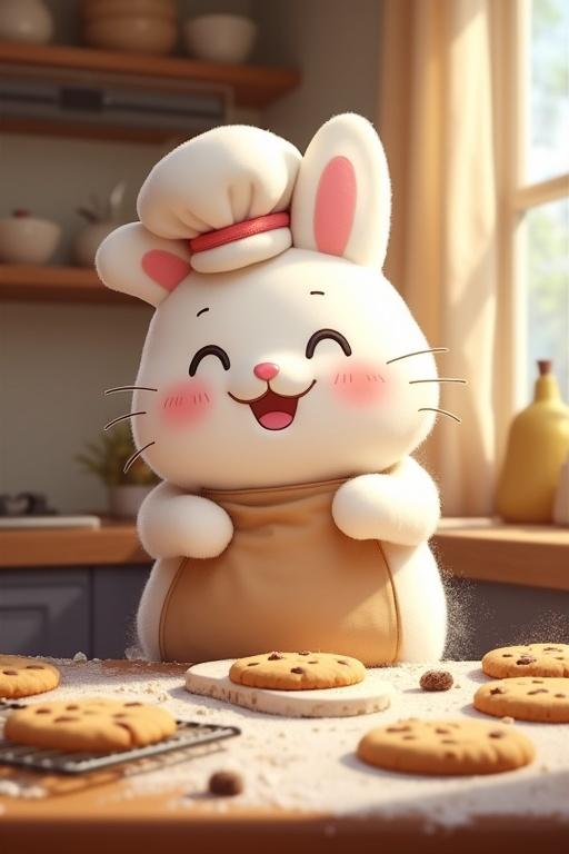 Cinnamoroll is a cute rabbit character baking cookies in a cozy kitchen. He wears an apron and chef's hat. Flour covers his paws and he smiles joyfully. Cookie dough lies on the counter with cookies cooling nearby. The scene is warm and inviting.
