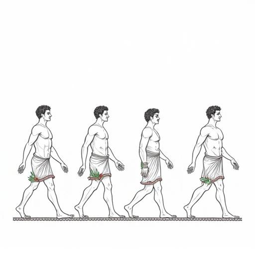 Illustration shows a row of male figures in ancient Greek art style. Figures walking to the left. Short curly hair, athletic body, wearing short chitons or covered with fig leaves. Outlined in black on white background. Red decorative symbol at the top center. Greek meander border at the bottom. Fine line drawing style, no shadows.