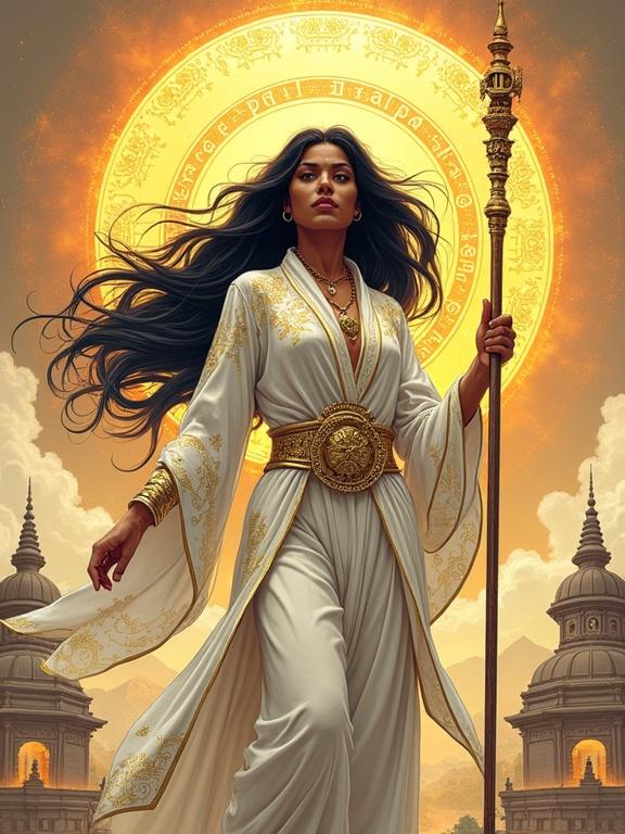 A Nepali woman has deep brown skin and flowing black hair. She wears a white and gold techno-robe with Devnagari glyphs. A digital mandala forms a halo around her. She holds a living glyph staff above a Swayambhunath-inspired stupa platform. The style is dynamic American comic book illustration with heavy line art and vibrant colors.