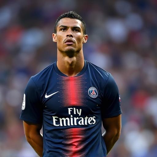 Athlete poses in a dark blue PSG kit under bright lighting in a football stadium