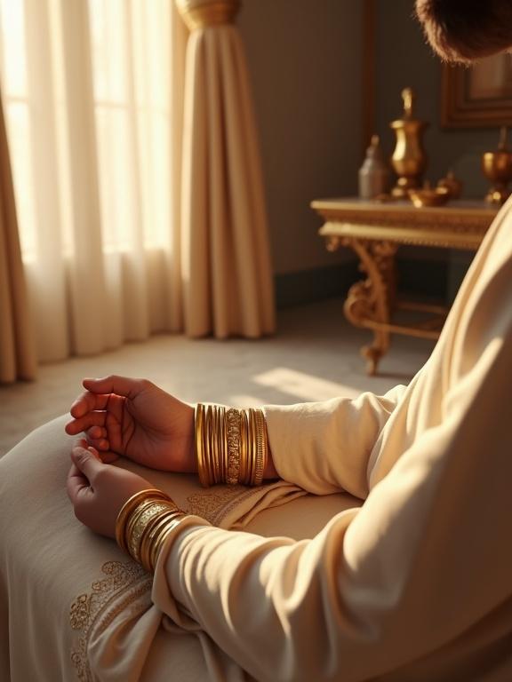 Screenshot from a VR game. View inside an ancient Egyptian dressing chamber. Arms resting in lap with gold bangles. Nearby ivory table has golden rings, kohl pots, and carved perfume bottles. Morning light filters through linen curtains. Immersive VR perspective with shallow depth of field.