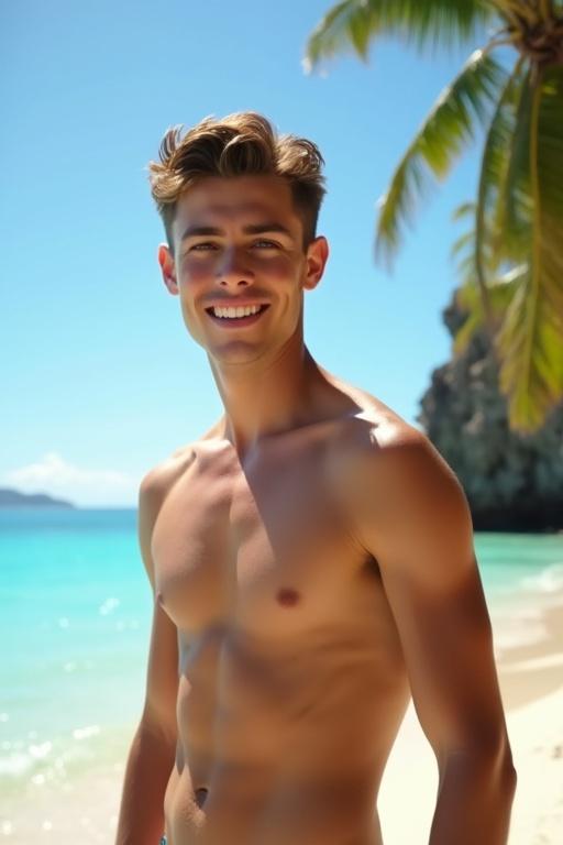 A shirtless young man poses at a tropical beach. Crystal clear water and palm trees create a beautiful background. The scene is lively with a bright sun. Perfect vacation atmosphere.