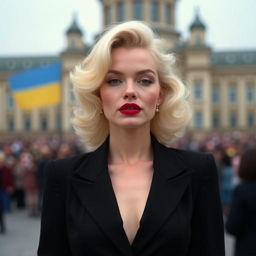 High realism portrait of a female figure with blonde wavy hair in a black blazer. She stands before a government building with Ukrainian flags. Skin texture appears detailed and realistic with light makeup and bold red lipstick. Lighting is even and bright with minimal shadows. Shot with a vibrant color palette.