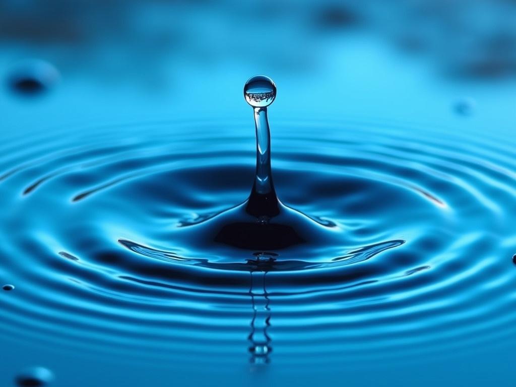 This image features a close-up view of a water droplet just before it impacts the surface of water. The droplet is captured mid-air, creating concentric circles of ripples that spread outwards from the center where it will land. The water has a rich, deep blue hue, enhancing the visual appeal of the scene. The pattern created by the ripples is mesmerizing and intricate, highlighting the physical properties of water. This moment showcases the fascinating physics of fluid dynamics and how waves propagate in water.