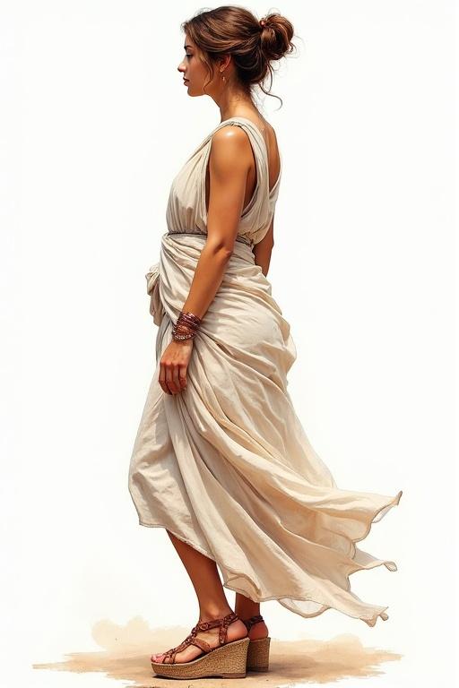 Painting of a woman inspired by ancient Roman attire. Hair tied in a bun. Dressed in a flowing garment with sandals. Focus on elegance and grace. Soft color palette. Side profile view.