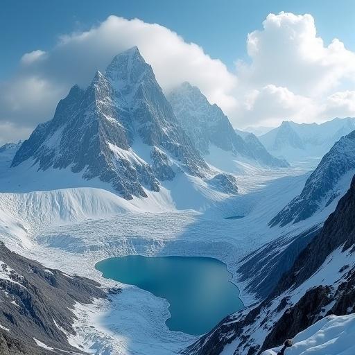 Drone view of the Mendelhaff Glacier. Surrounded by majestic mountains and bright blue water. Clear sky with some clouds. Highlighting the icy landscape.