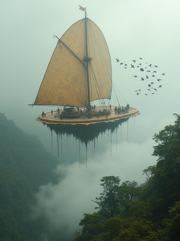 Enormous floating fungi serving as aerial vessels for a nomadic civilization. Delicate fungal membranes as sails capturing wind. Entire families living within hollowed organic spaces. Below, foggy sea obscures a primeval forest with birds flying in formation as guides.