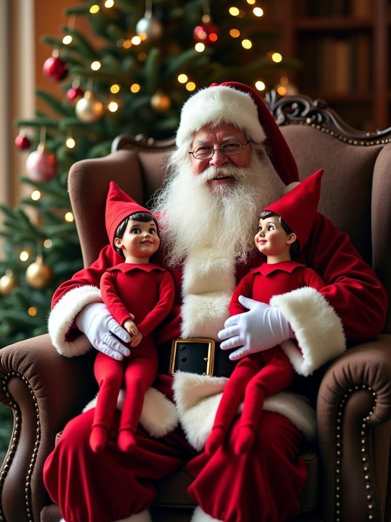 Santa Claus in a cozy chair surrounded by two elves. They wear red outfits. Background features a beautifully decorated Christmas tree with lights and ornaments. Scene conveys a joyful holiday atmosphere. Focus on festive cheer and family togetherness.