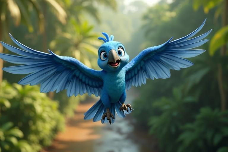 A hyper-realistic 4K ultra-HD 3D scene. A blue parrot soaring above the Sundarbans. The parrot is standing upright in flight. She is facing slightly sideways. Her sky-blue wings are spread wide. Feathers shimmer in sunlight. Big expressive eyes and cheerful smile radiate triumph. The lush forest below has glossy leaves and muddy riverbanks. Bright daylight enhances the scene. 16:9 ratio. Vibrant and cinematic.
