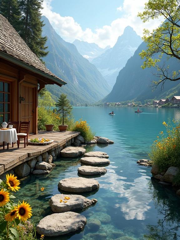 Stepping stones cross a tranquil pond leading to a tea house. Hyper-realistic lakeside mountain view from a rustic wooden patio. Small wooden table and chairs with a white tablecloth. Teacups and teapot with fresh flower petals on the table. Bright sunflowers line the patio. Crystal-clear blue lake reflects towering mountains under a vibrant sky. Quaint Alpine houses on the far lakeshore. A figure rows a boat across the water. Warm daylight with vivid colors and fine details evoke tranquility.