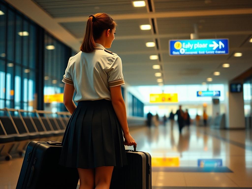 The image depicts a person from behind, carrying a suitcase, and looking towards the signage in a bright and modern airport terminal. The scene captures a sense of anticipation and adventure as sunlight filters through the large windows, illuminating the sleek design of the travel hub.