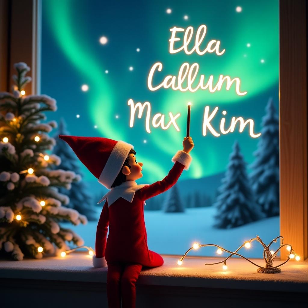 Enchanting Christmas scene featuring an elf on the shelf. The elf faces the sky with his back to the viewer. Dressed in red and white, he wields a magic wand. The elf writes names in glowing script. Names include 'Ella', 'Callum', 'Max', and 'Kim'. The background has vibrant northern lights. The scene is festive and captures holiday spirit. The elf's action creates a sense of wonder and excitement.