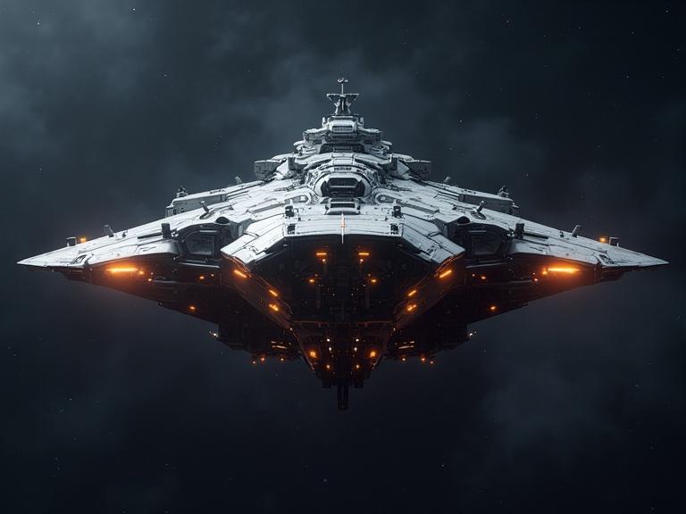 A galactic cargo transport ship seen from the front. The ship has a unique design with spiky features and glowing orange lights. The background is dark and starry, enhancing the ship's presence.