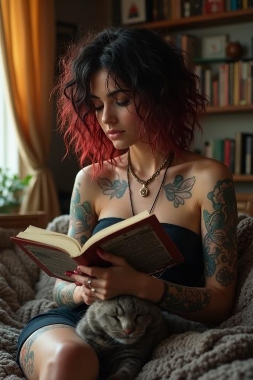 A tattooed woman with curly hair reading a book in a cozy home atmosphere. A cat rests beside her. The scene captures a relaxed morning vibe with soft lighting.