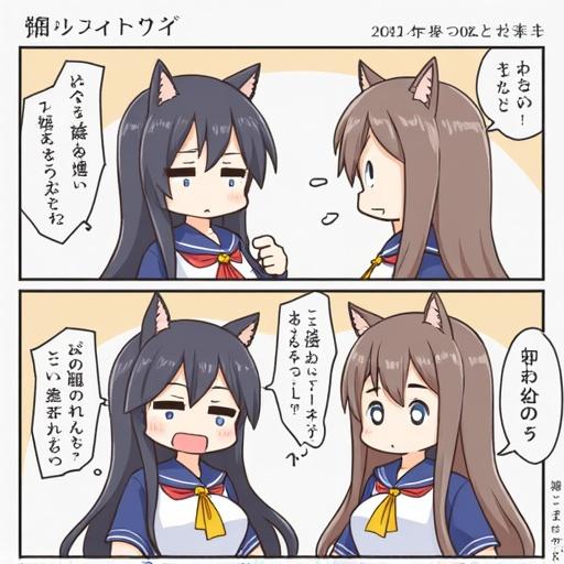Two characters in anime style with cat ears. They wear school uniforms. One has orange hair and looks surprised. The other has brown hair and is smiling. They are talking in a light-hearted manner.
