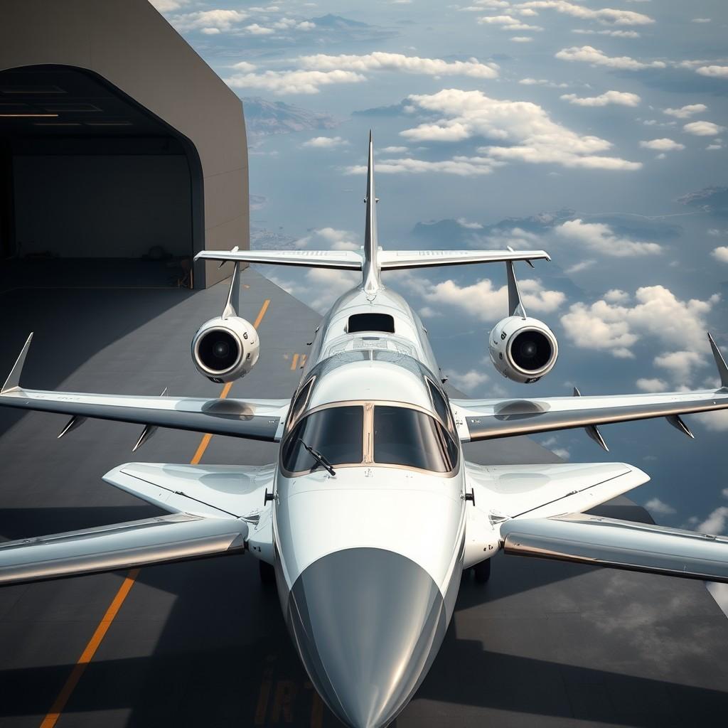 A sleek private jet emerging from a hangar into a cloudy sky.